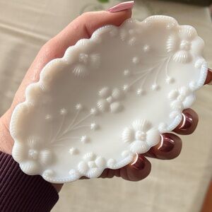 White Floral Oval Decorative Trinket Dish. Milk Glass